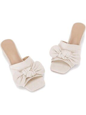 Women's Nude Faux Suede Summer Square Open Toe Bow Slides Chunky Low Heel Shoes